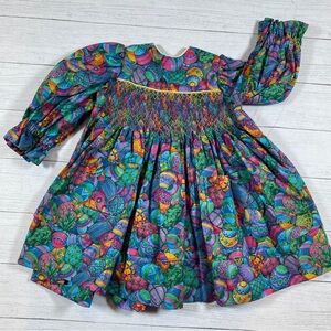 Easter Smocked Dress all over colorful eggs design toddler size 2 puffy sleeve
